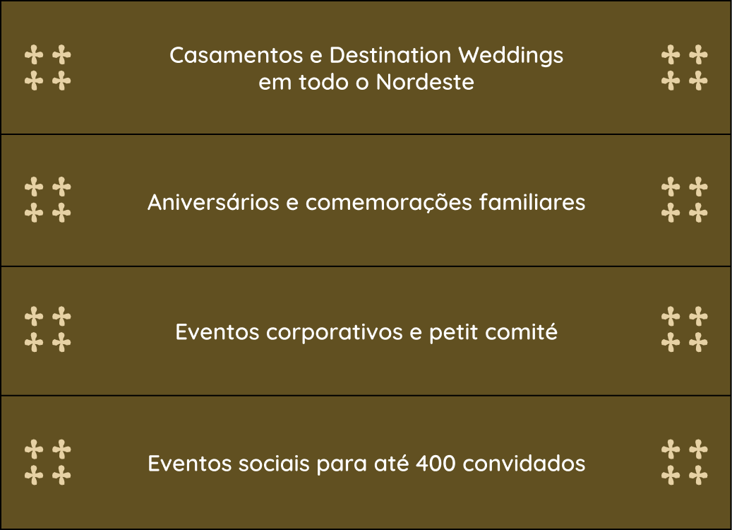 Casamentos, aniversários, eventos corporativos e eventos sociais